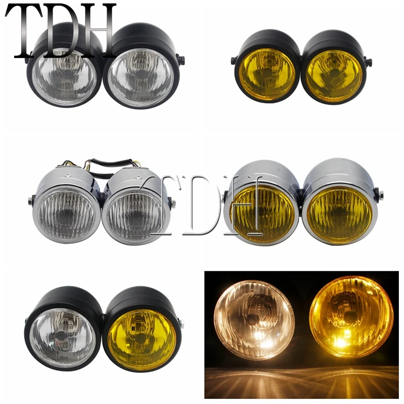 Motorcycle Twin Front Headlight Lamp W/ Bracket Mesh Grill Dual Cafe Racer Head Lights For Harley Cafe Racer Honda Yamaha