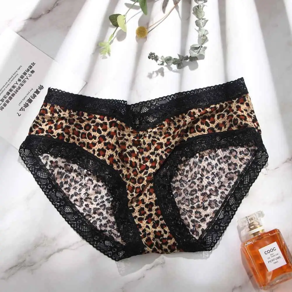 Sexy Leopard Printed Cross Belt Underwear Women Low Waist Lace Bow Panties Transparent Seamless Briefs for Female