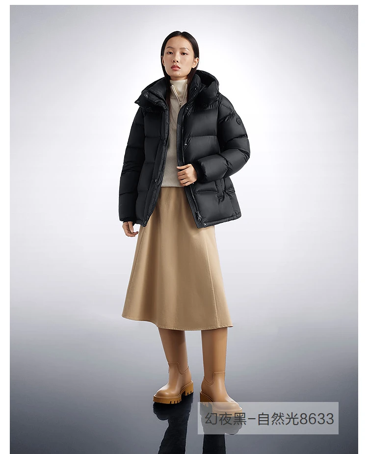 BOSIDENG Women Hooded Short Goose Down Coat 90% Goose Down 700+ Loft Shiny Fabric Adjustable Waist Puff Winter Outerwear