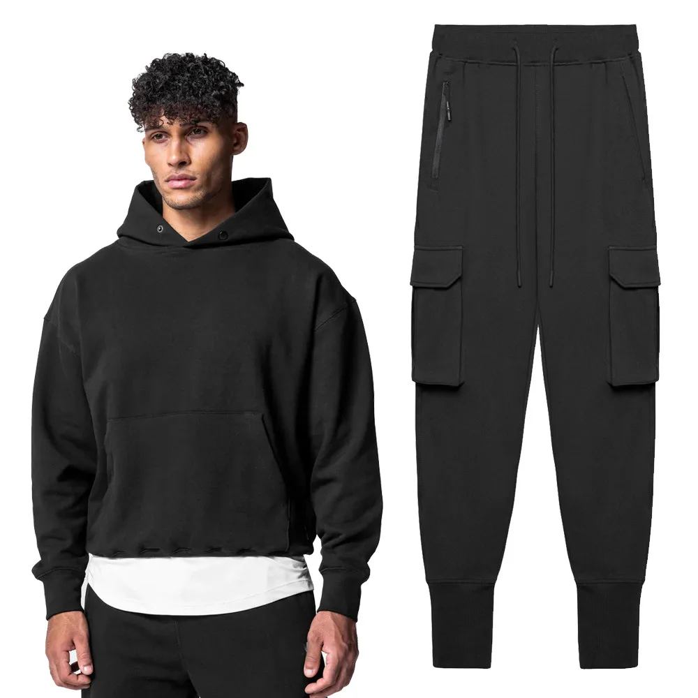 Custom LOGO 100% cotton jogging suit Autumn and winter men\'s sportswear pants sportswear men\'s hooded jogging pants set