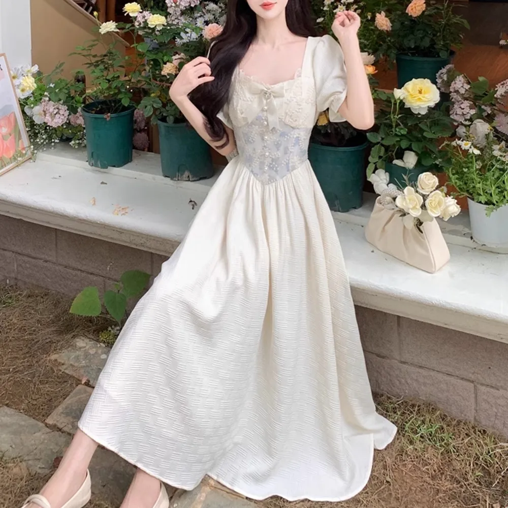 Verano Ele bordado floral ort Sve Long Dr Sweet Fairy Princ falda acampanada de cintura alta ort Sve Maxi Dr