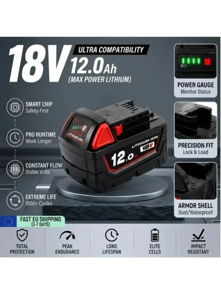 18V 12,0Ah Ersatz-Lithiumbatterie für Milwaukee M18 Serie, kompatibel mit allen M18 18V Akku-Werkzeugen, Li-Ionen-Akku mit hoher Kapazität, schnelles Laden, IP54 Staub- und Wasserschutz, schneller