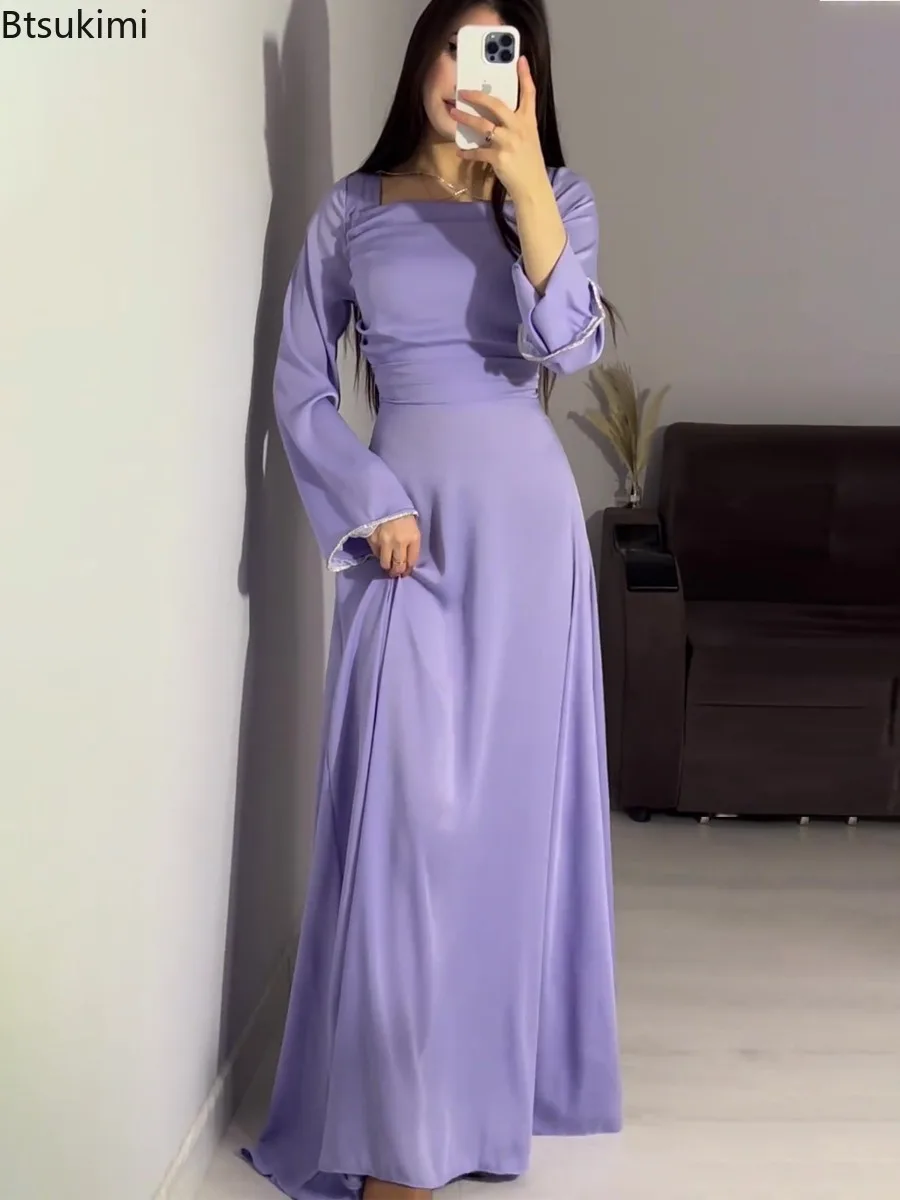 エレガントなイスラム教徒の女性のドレス長袖サテンダイヤモンドがちりばめられたアバヤドバイアラビアパーティードレストルコイスラム服 Vestidos