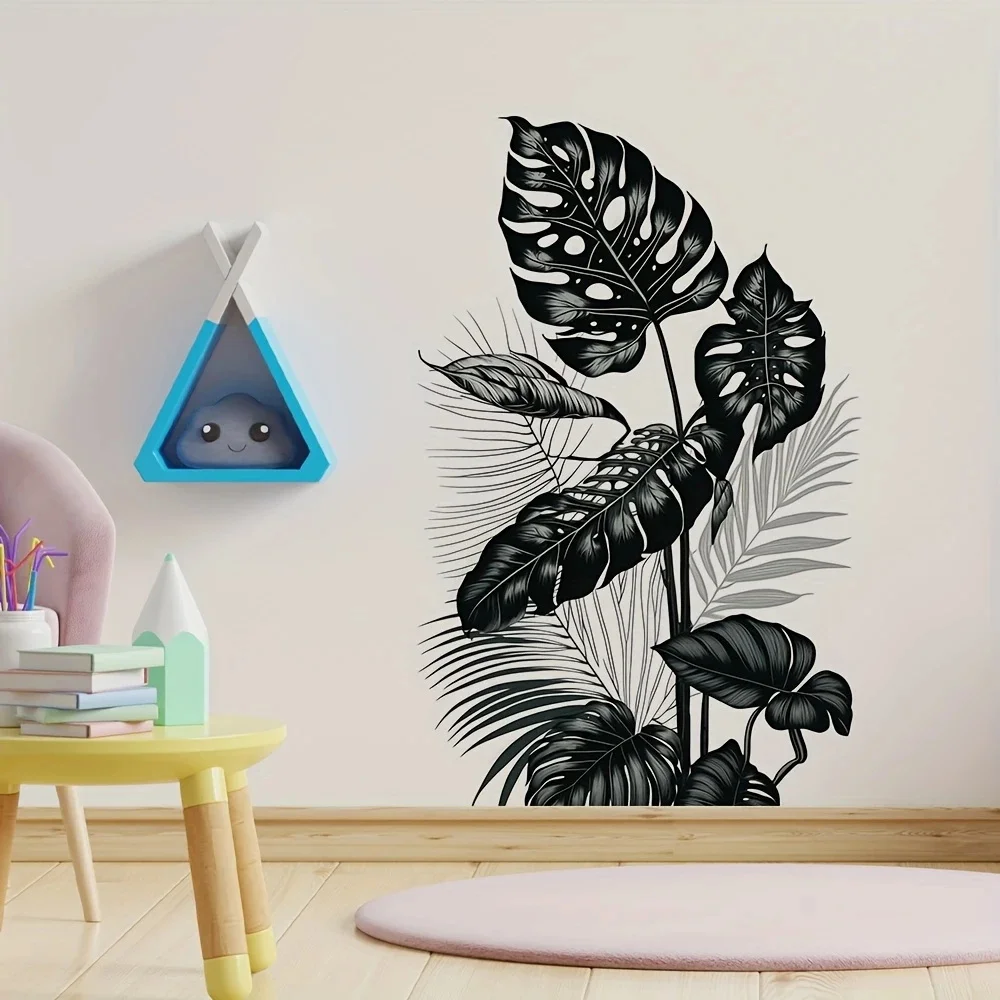 MT1184# Black and White Tropical Leaf Wall Decal, Self-Adhesive PVC, Monstera and Palm Design for Living Room, Bedroom