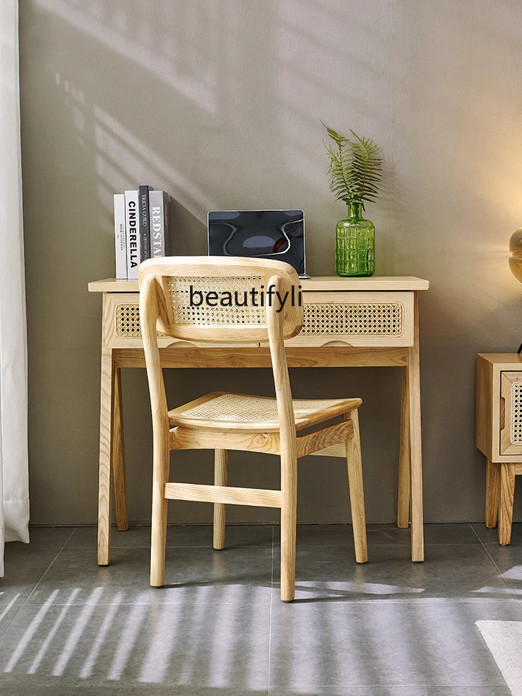 Nordic Rattan Solid Wood Fashion Desk Chair Combination Simple Small Apartment Retractable Computer Desk Oak Calligraphy Table