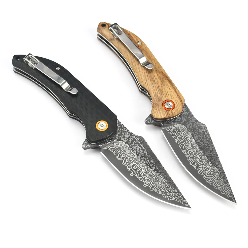 Kesiwo Damascus Pocket Folding Knife Tactical Outdoor Camping Fish tool Survival Carbon fiber G10 Wood Handle Portable EDC Knife