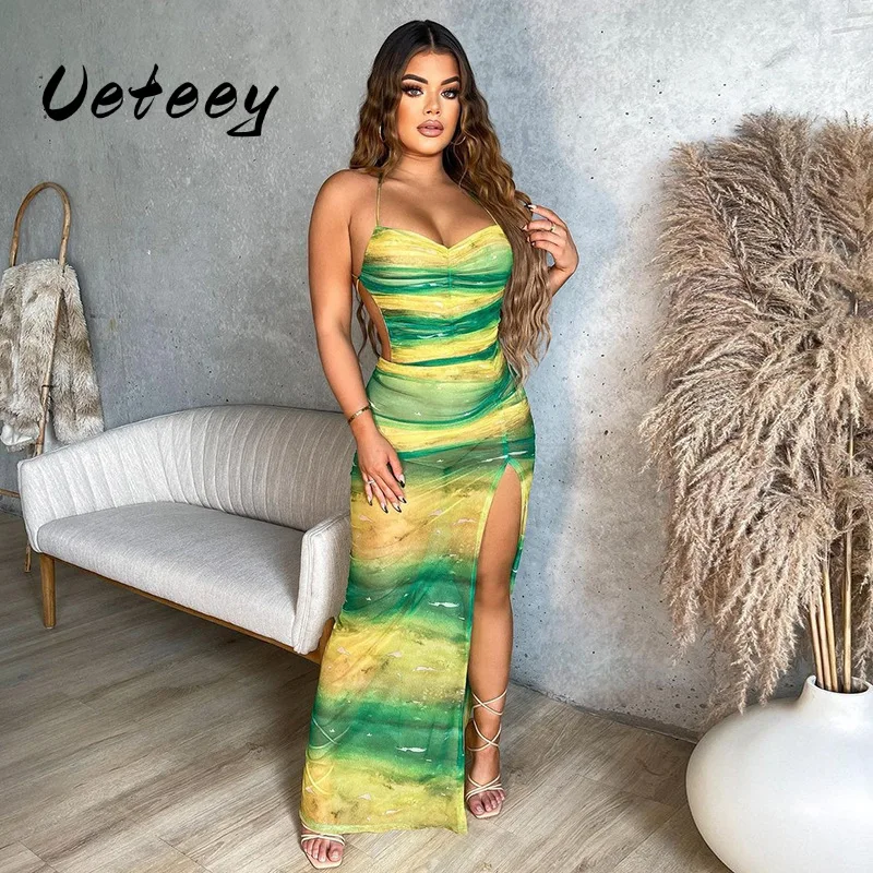 Ueteey Gradient Backless Dress Women 2024 Halter See Through Ruched Summer Trend Split Long Bodycon Coquette Bandage Vestidos