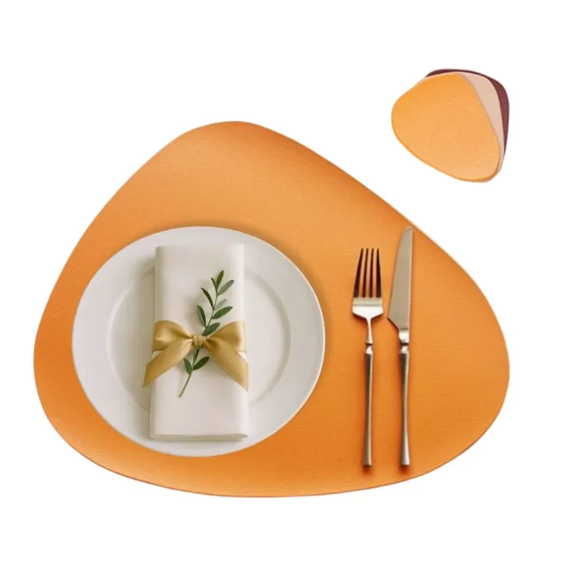 1/4/6 Sets orangefarbenes Tischset und Untersetzer-Set, ölbeständig, für die Küche, unregelmäßige Form, PU-Leder, Geschenktische, Matten, Pad, Café