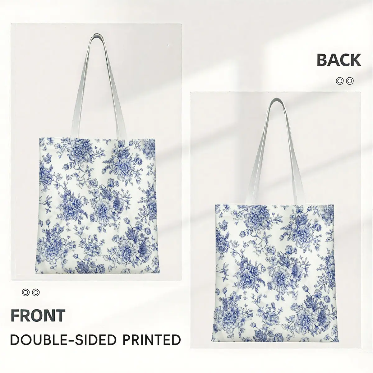 Blue Floral Canvas Tote Bag Measuring Featuring with a Sophisticated Vintage Appeal Suitable for Shopping Travel Groceries