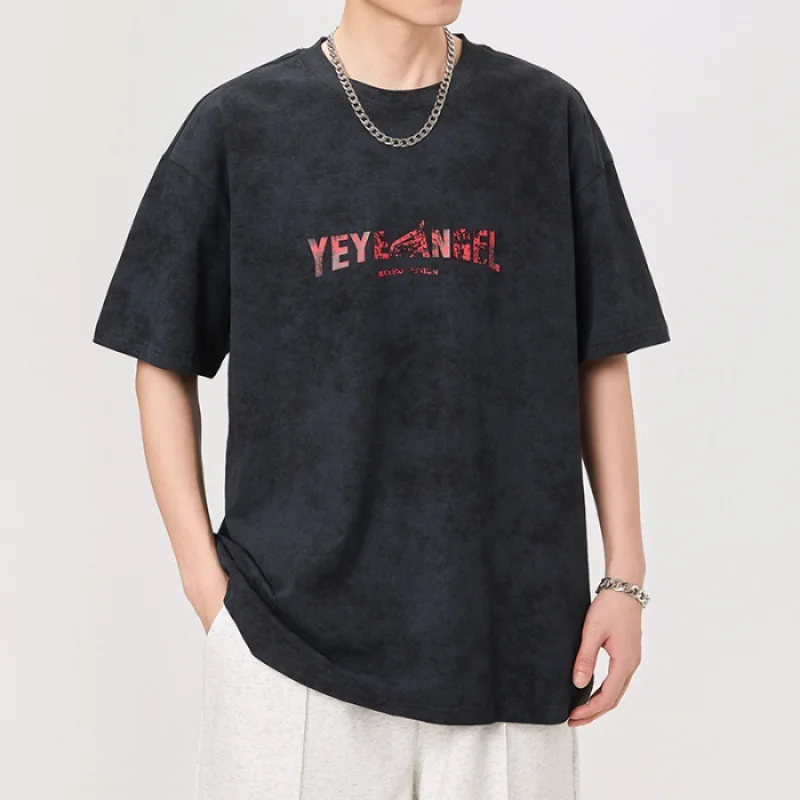 男性用の伸縮性のあるヒップホップカジュアルTシャツ,ワイドTシャツ,プリント,韓国のファッション,夏