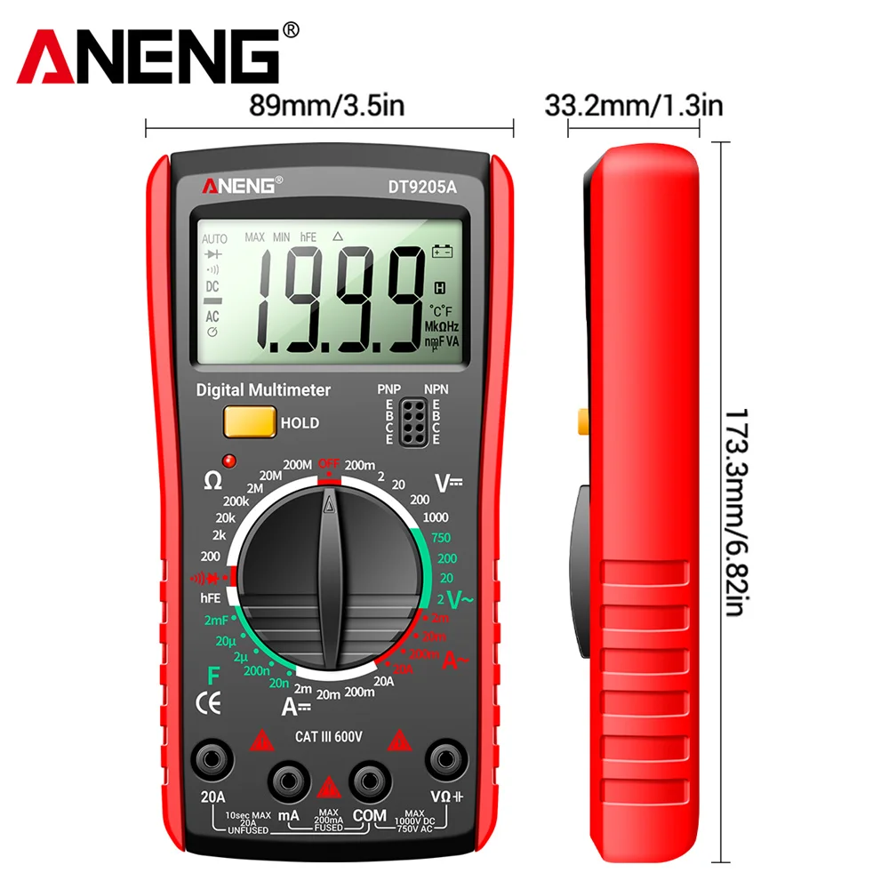 Newly ANENG DT9205A Digital True RMS Professional Multimeter AC/DC Current Tester hFE Ohm Capacitor Voltage Meter Detector Tool