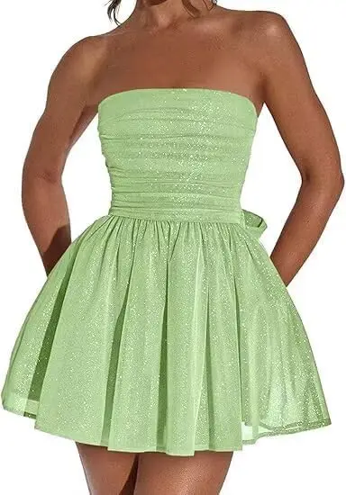 Strapless Short Homecoming Dresses 2025 with Bow Sparkly Pleated Glitter Tulle A-line Prom Cocktail Party Gowns Above Knee, Mini