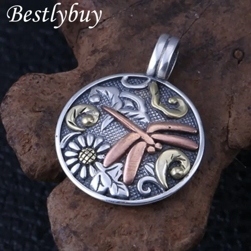 

NEW S925 Sterling Silver Vintage Creative Flower Dragonfly Round Card Pendant Women's Style Free Shipping