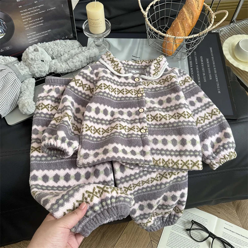 Kids Winter Plush Soft Suits Children Casual Cute Print Warm Top+Pants 2Pc Boys Daily Comfort Clothes Outfits Girls Thermal Set