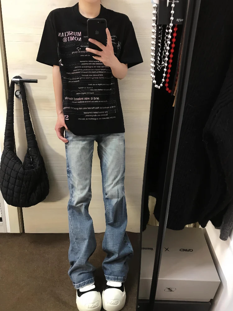 Waed Retro Light Blue Men's American Micro Flare Jeans High Street Vibe Knife Straight Leg Jeans Youth Trend Wear Resistant