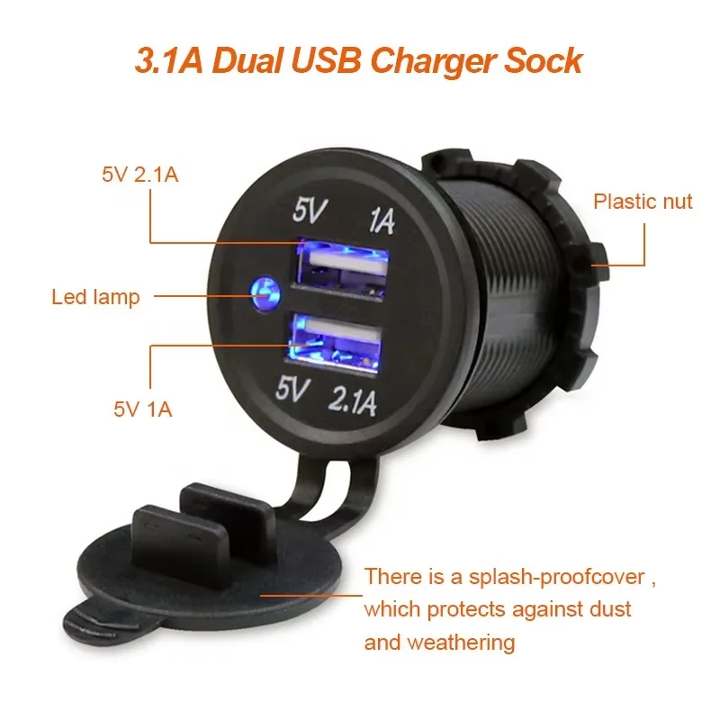 Motorcycle Universal Car Charger LED Light Dual USB Charger Power Outlet Cigarette Lighter Waterproof Lamp for Car Truck ATV