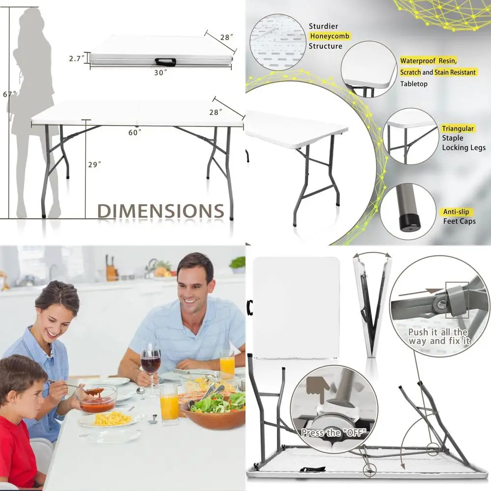 ポータブル5フィートプラスチック折りたたみテーブル、アウトドアダイニング、パーティー、キャンプ用、グラナイトホワイト
