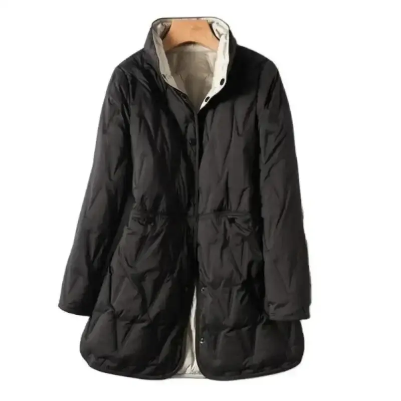 Women Double Sided Thin Puffer Jacket Stand Collar White Duck Down Coat Female Ultra Light Mid-Long Parkas New Arrivals