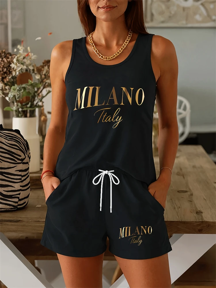 Women's Milan Letter-Print Round-Neck Tank Top Set Sleeveless Top and Shorts Two-Piece Set Casual and Comfortable Loungewear
