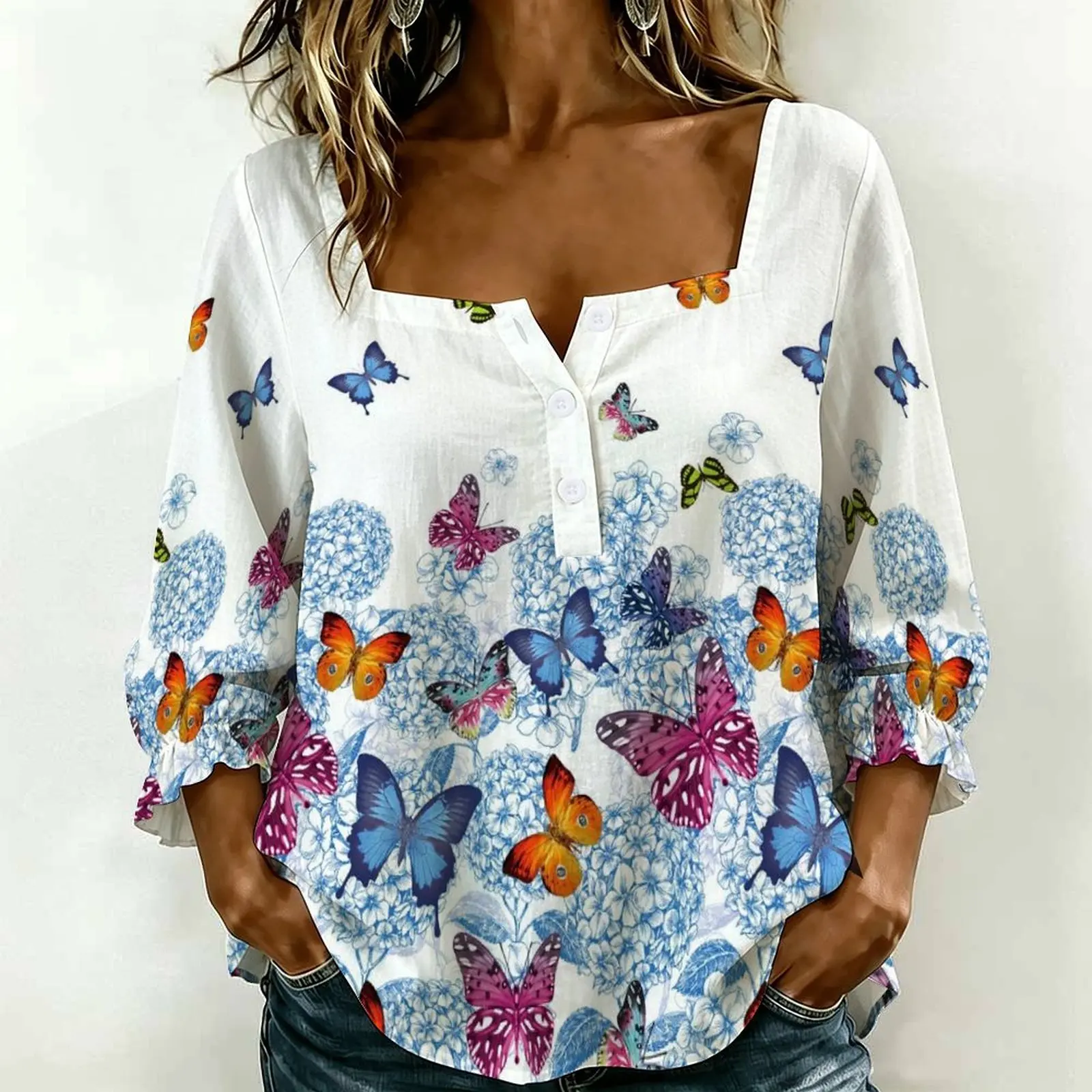 Women Square Neck Blouse 3/4 Ruffle Sleeve Tops Zigzag Stripe Print Henley Shirts Loose Casual Daily Wear Blouse