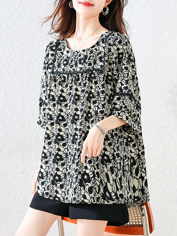 

plus Size Summer New Sle Women's irt Floral Print Chiffon Top Lightweight Versatile Meat Concealing Slimming Chiffon Blouse