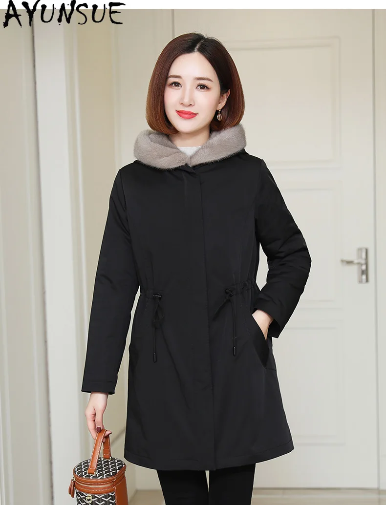 AYUNSUE ラビットファーコート レディース ミンクファー襟 冬服 ミドル丈 本物の毛皮パーカー 女性用コート パルトォ ジェンソーレ 取り外し可能な裏地