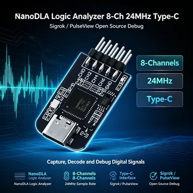 8-Ch 24MHz NanoDLA USB Logic Analyzer, Type-C, ARM/FPGA Protocol Decode