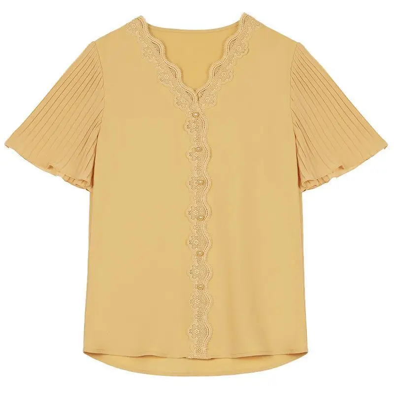 Elegant V-Neck Spliced Lace Ruffles Folds Flare Sleeve Blouse Women\'s Clothing 2023 Summer New Casual Pullovers Beading Shirt