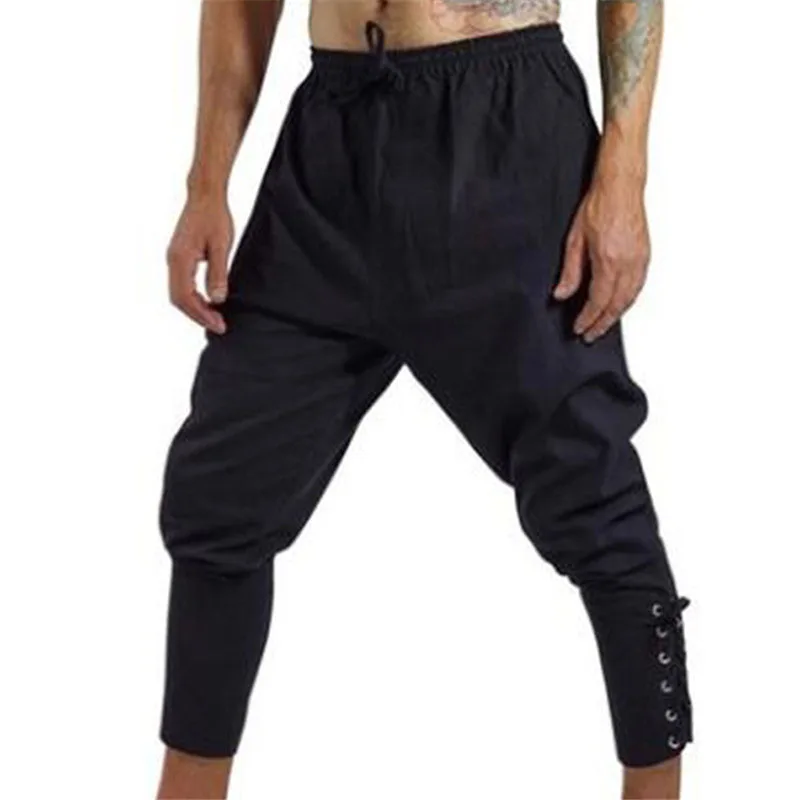 Volwassen Man Middeleeuwse Viking Piraat Cosplay Kostuum Lace-Up Bandage Broek Larp Capri Broek Vintage Geweven Katoen Joggers Voor mannen