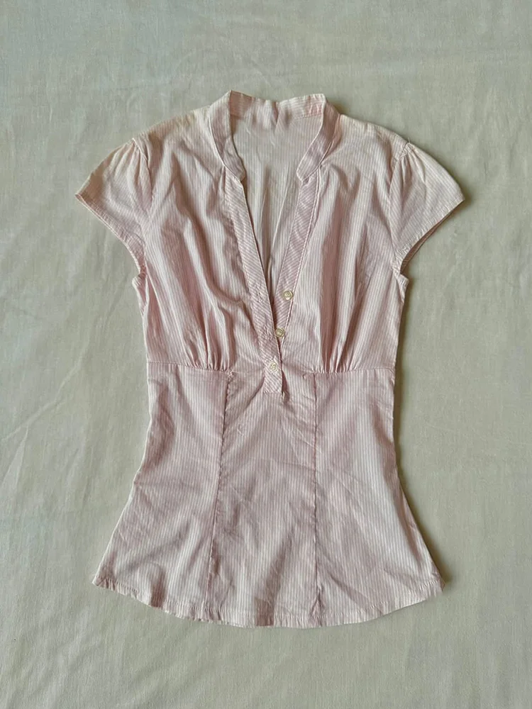 

Original Design Slim Fit Pink irt Asymmetrical Waist Cinching Girl Sensation Summer Cotton Blend ort Sve Top