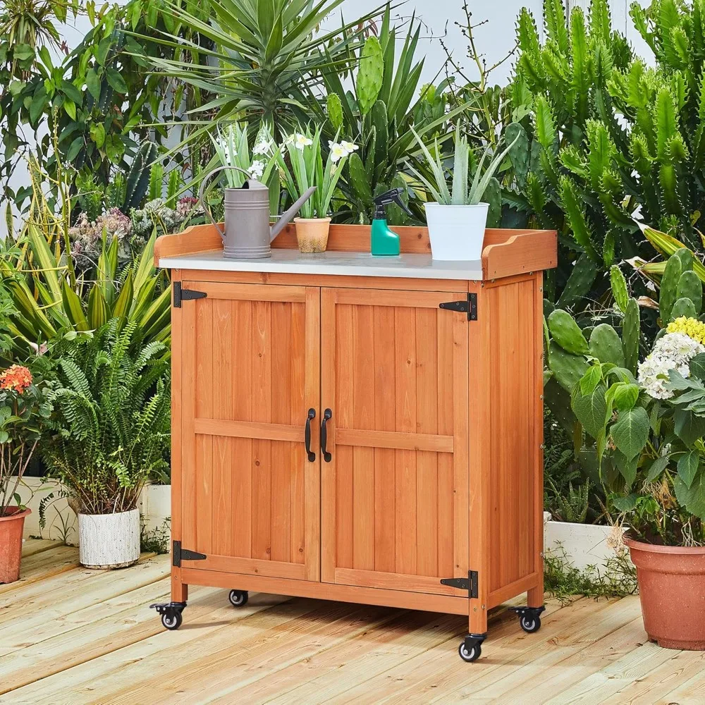 Garden Potting Bench Table - Outdoor Garden Patio Wooden Storage Cabinet & Solid Wood Planting Work Bench with, Customized
