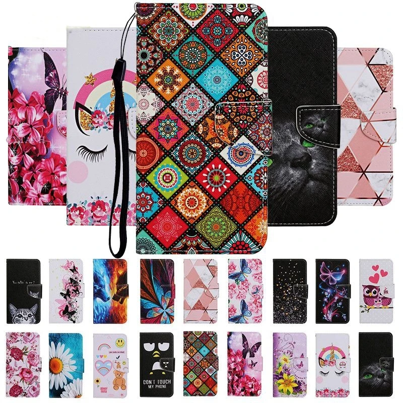 Flip Case For Huawei Y5P Y6P Y7P DRA-LX9 MED-LX9 ART-L28 Case For Y7P Leather Wallet Book Cute Anime Flower Cat Phone Cover Case