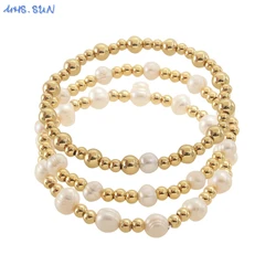 MHS.SUN Elegant Natural Pearl Gold Plated Stainless Steel Beaded Bracelet Handmade Girls Elastic Bracelets Women Gift Jewelry