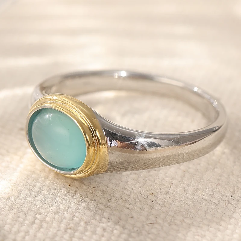 Eleganter Damenring mit eingelegtem meerblauen Stein, trendiger zweifarbiger Schmuck für den Alltag, Party-Schmuck, Jubiläumsgeschenk – Detail 3