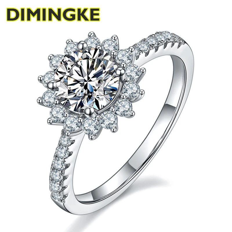 

DIMINGKE Fashionable 1 Carat 6.5MM D Moissanite Sunflower Ring Passes the Diamond Test High Jewelry Wedding Cocktail Party