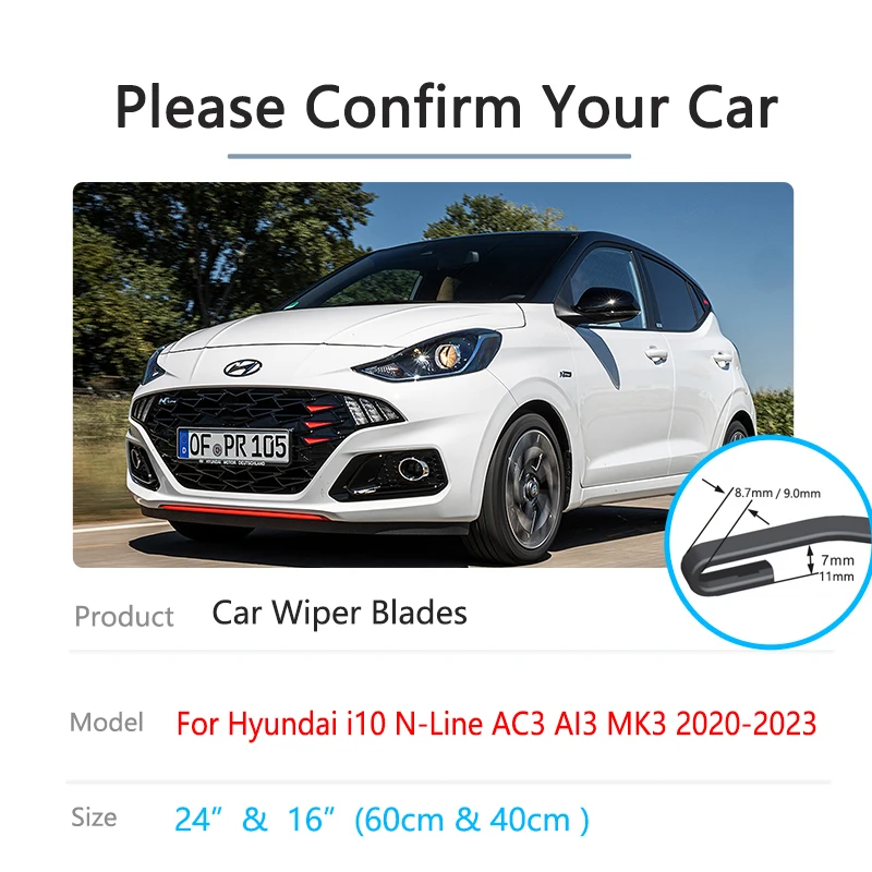 2x For Hyundai i10 N-Line AC3 AI3 MK3 2020~2023 Front Wiper Blades Brushes Window Windshield Windscreen U J Hook Car Accessories