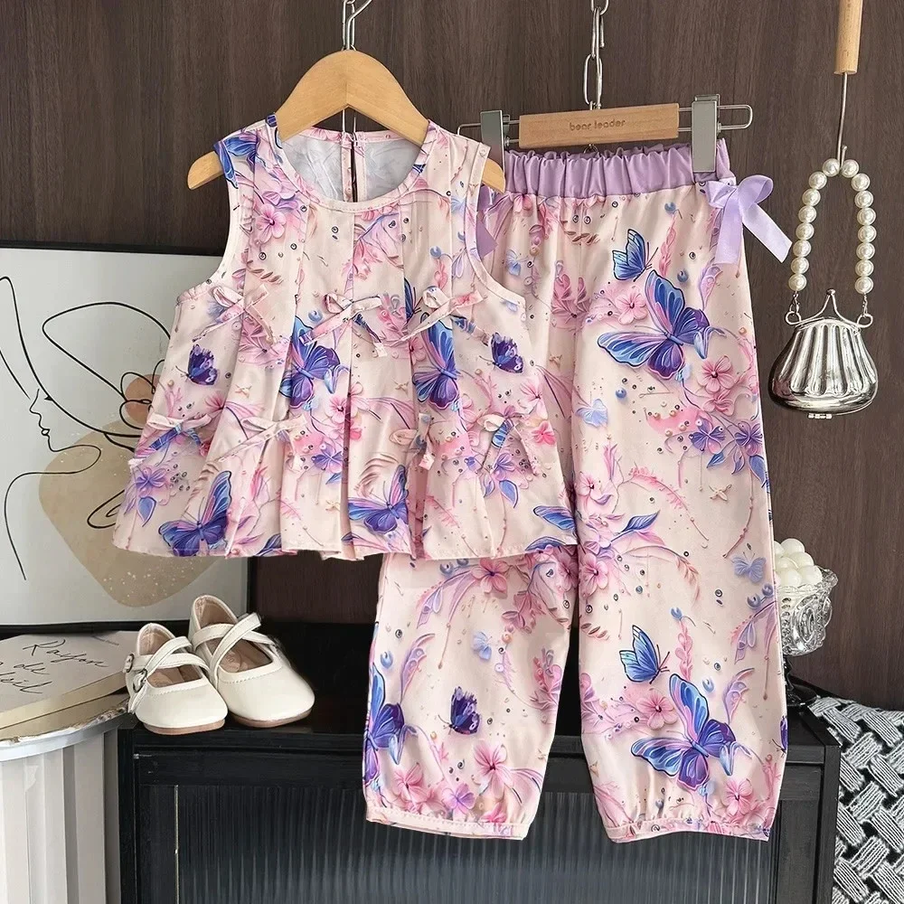 Summer 3-10 Years Girls Fashion Cute Bow Decoration Sleeveless Tank Top+Pant 2 Pcs Set Kids Casual Sweet Butterfly Print Clothes