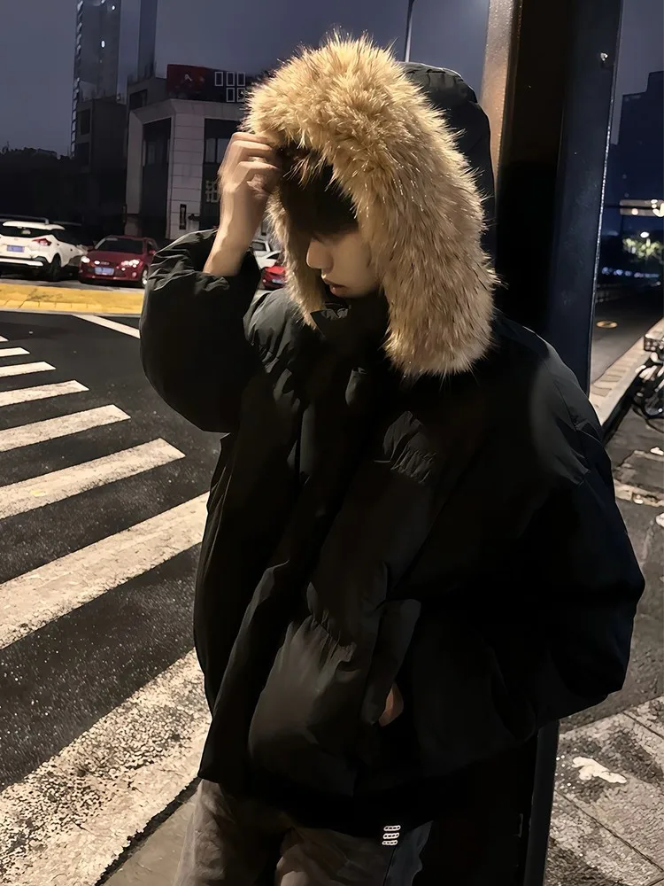 

American Sle ort PU Leather Hooded Coat with Thiened Warm Cotton for Men Winter Bread Sle Jaet for Couples