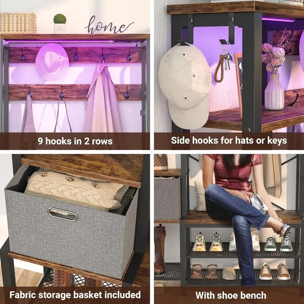 Roupas e Chapéu Rack com Mesa De Armazenamento, Metal Roupas Rack com Luzes LED, Prateleira, Gancho Lateral, 71"