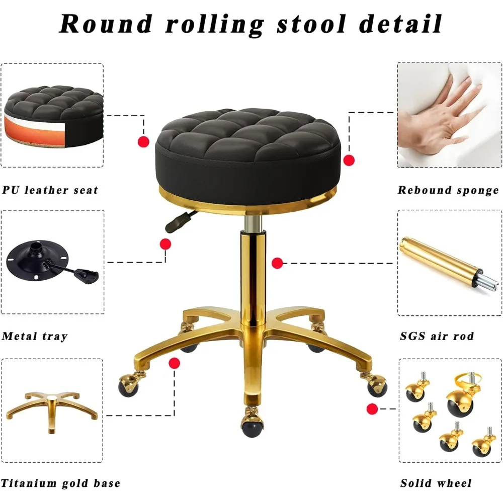 Rolling Stool, PU Leather Round Swivel Chair, Salon Spa Roller Stool, Titanium Gold Base, Adjustable 43-55 cm