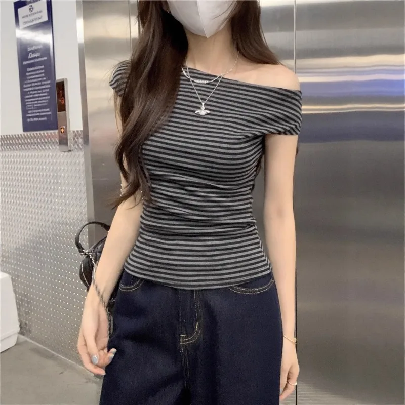 New Young Girls Summer Off-Shoulder Striped T-Shirt Slim-Fit Tops Women Ladies Casual Sports Tee Lady Woman Outerwear Base Layer