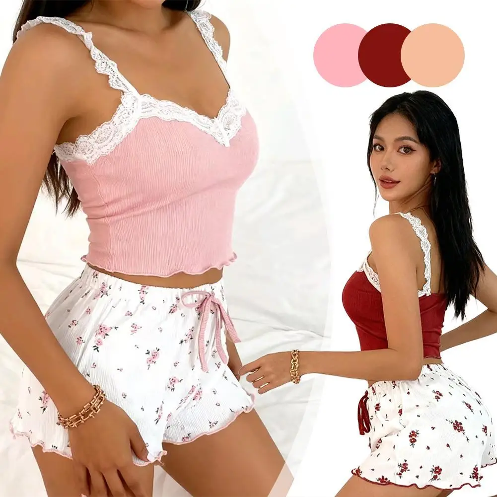 

Женский пижамный комплект, кружевная лоскутная одежда для сна с v-образным вырезом, сексуальные ночные рубашки, костюм, топ на бретельках, шорты с принтом, мягкие пижамы, одежда для дома