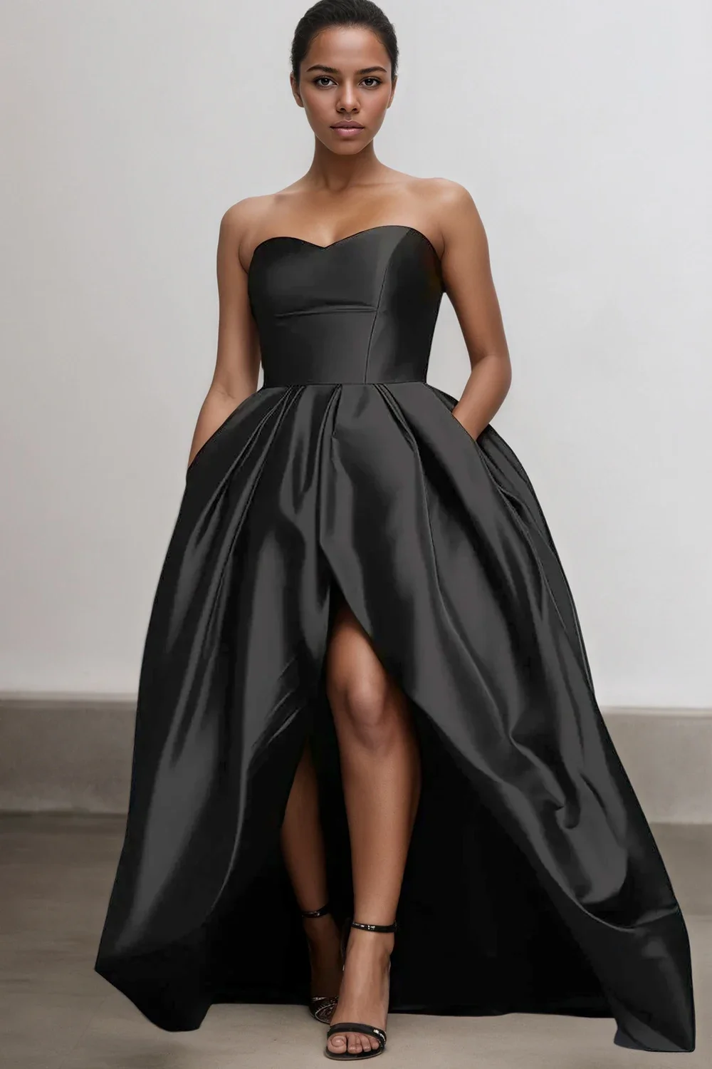 

Women Strapless Elegant Plus Size Dress Formal Black Split Satin High Low Maxi Dresses Party Wedding Guest Cocktail Formal Dress