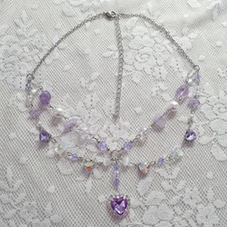 Handmade Dreamy Purple Hearts Clutter Necklace Beaded Chain Layered Rosary Fairycore Cottage Jewelry