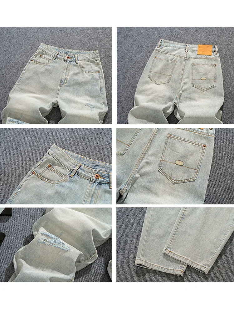 Amerikanische Modemarke, lockere Jeans mit geradem Bein für Herren, Street-Hip-Hop-Stil, Retro-High-Street-Jeans mit weitem Bein und zerrissenem Patch