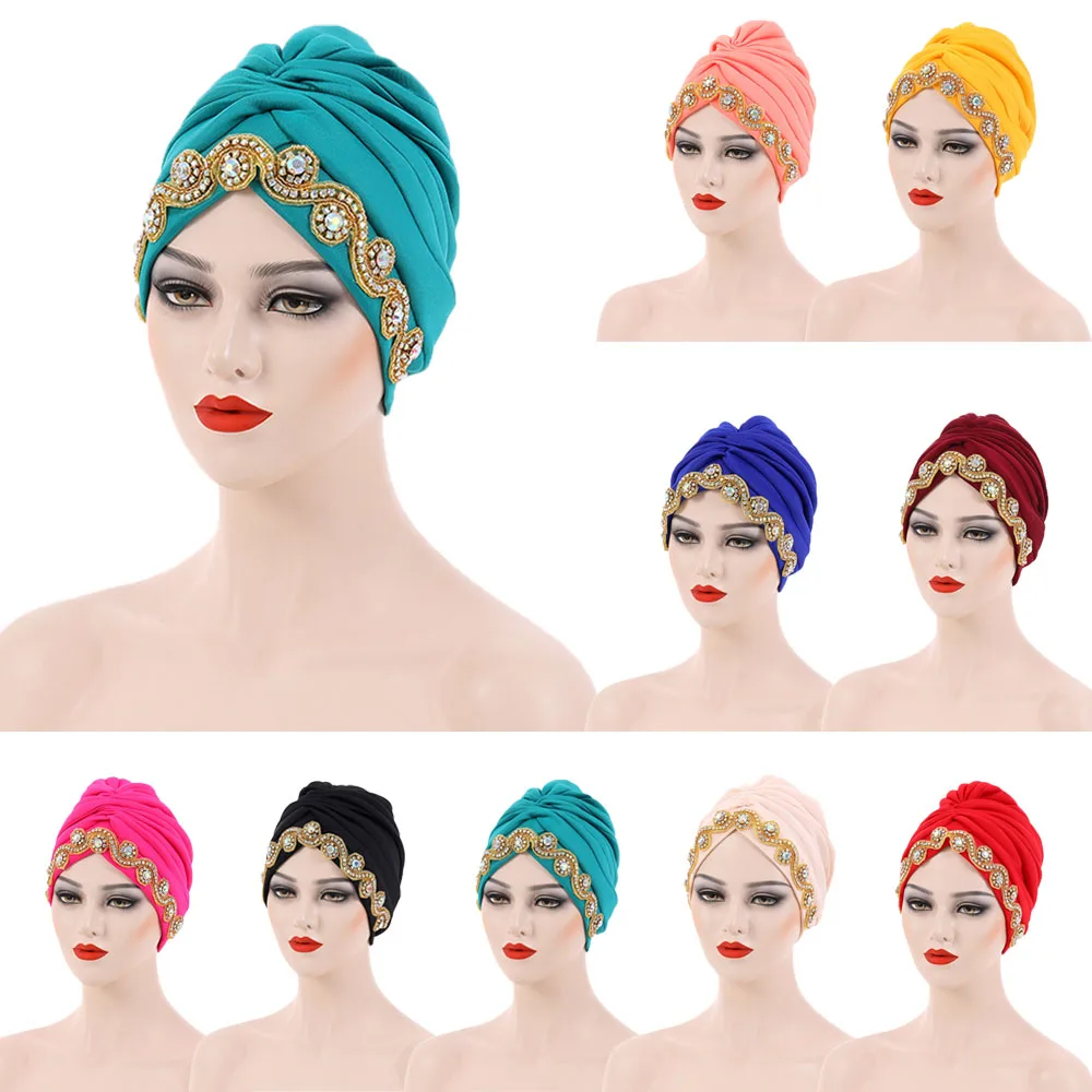 

Latest African Headtie Muslim Turban Auto Gele Women Hat Dradped Diamonds Bonnet Head Wrap Nigeria Headtie Hijab Chemo Cap Mujer