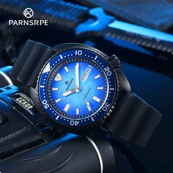 PARNSRPE Diver Men's Automatic Mechanical Watch Japan NH36 Caliber Burst Blue Aseptic Dial Black Rubber Strap Day Date Indicator