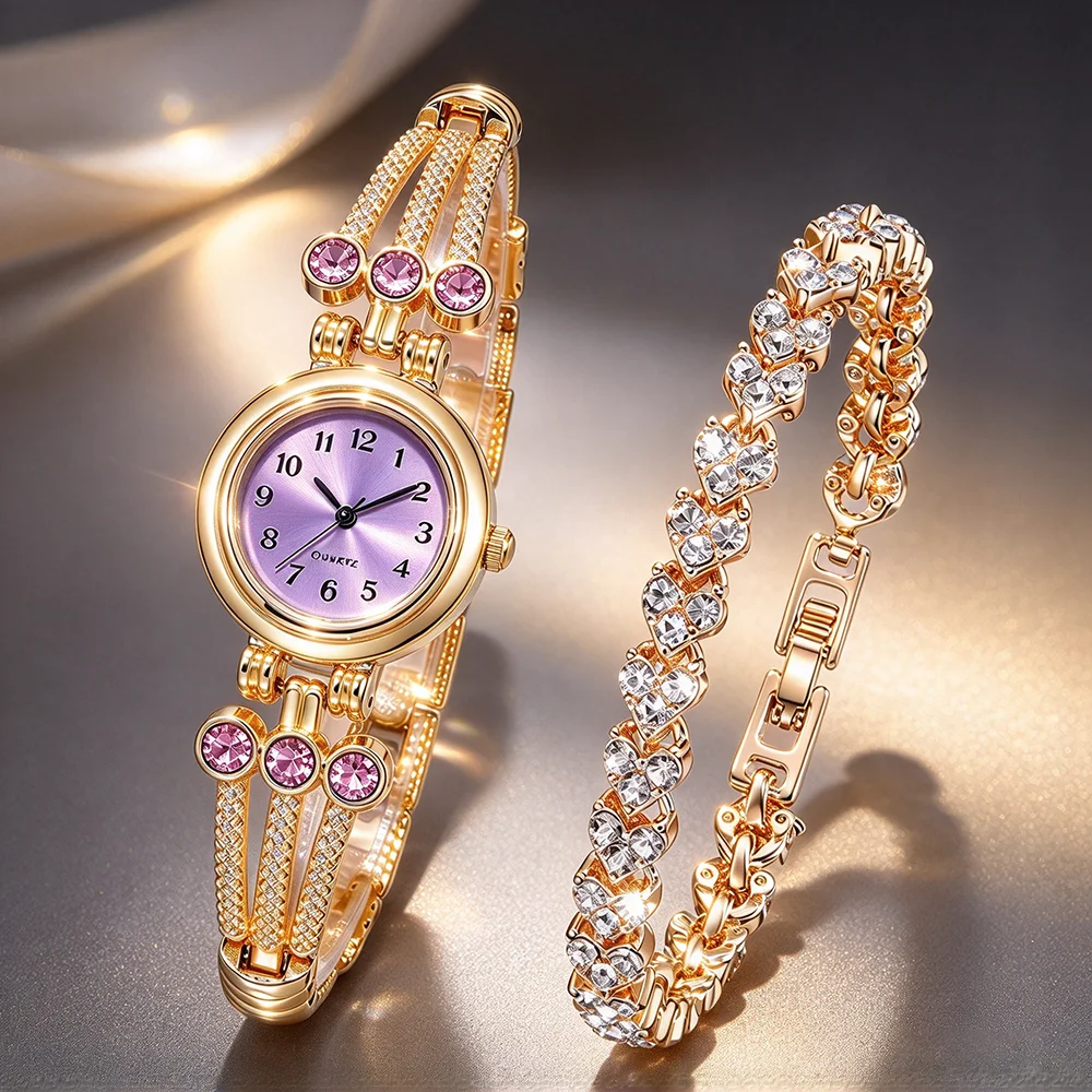 2Pcs Luxury and Exquisite Women's Casual Quartz Watch Set, Alloy Design, Alloy Bracelet, Suitable for Daily Wear, Valentine's Day, Christmas, Birthday Gifts, Ideal for Graduation and Back-To-School Season