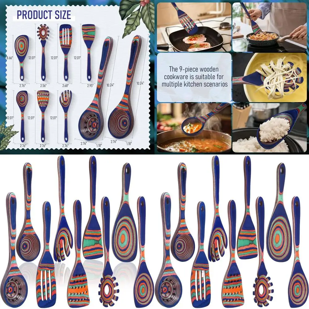 

Набор кухонной утвари Blue Rainbow Pakkawood из 9 предметов с деревянными ложками, ковшом для супа и глубокими ложками для приготовления пищи и сервировки