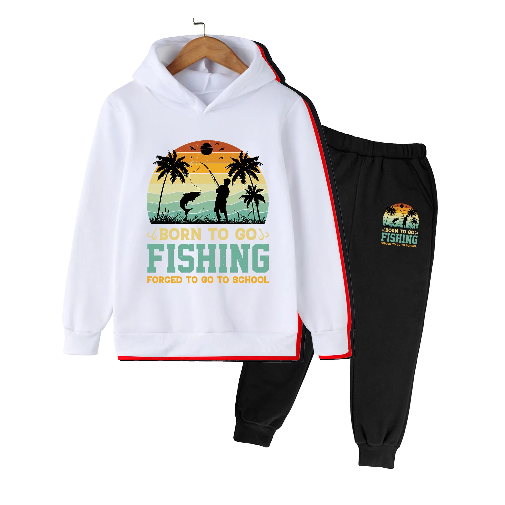 Boys Girls Hoodie & Pants Set, Retro Fishing Print Casual Tracksuit, Outdoor Beach Daily Wear Outfit